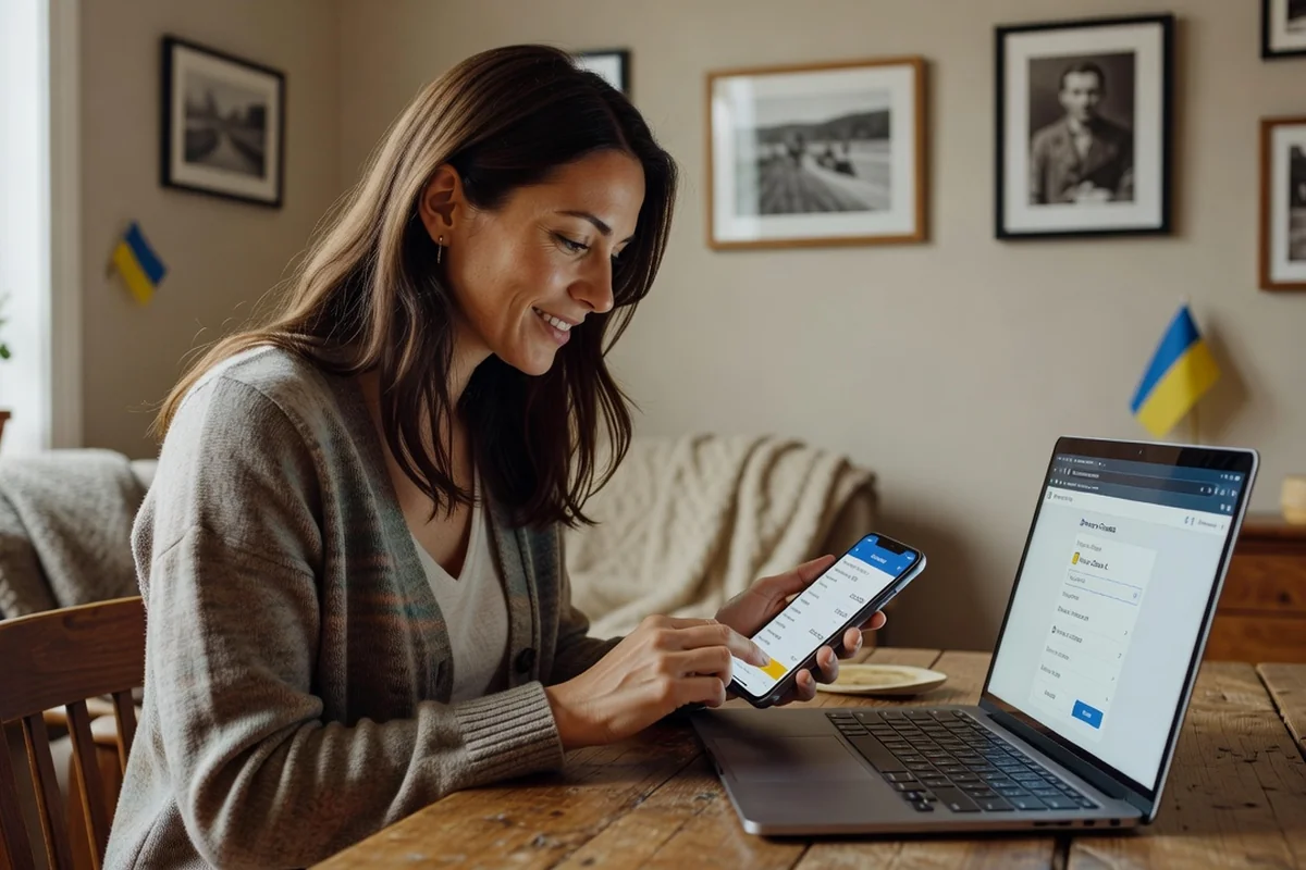 Ukrainian woman in a Canadian apartment using a smartphone to send money to Ukraine, Ukrainian flags visible behind her.
