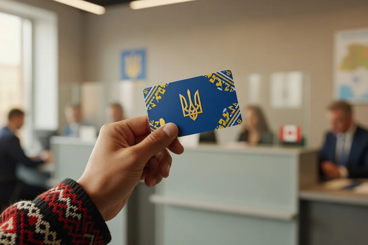 Hand holding a Ukrainian payment card decorated with the golden tryzub symbol in a bank office.