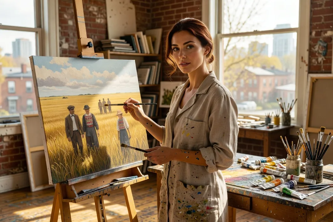 Ukrainian-Canadian painter working on a canvas in a studio