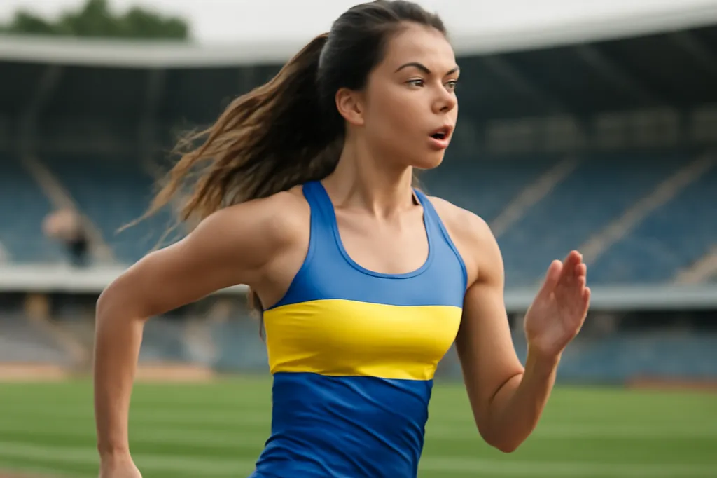 Ukrainian-Canadian athlete running mid-stride on an athletics track