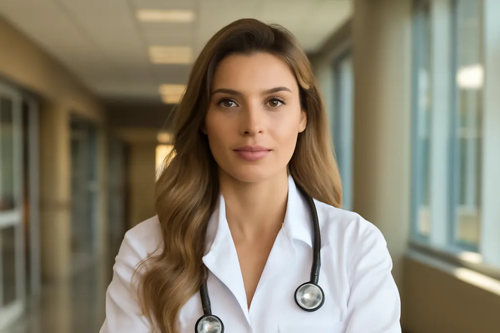 Ukrainian-Canadian physician in a white coat with stethoscope in a Toronto hospital corridor