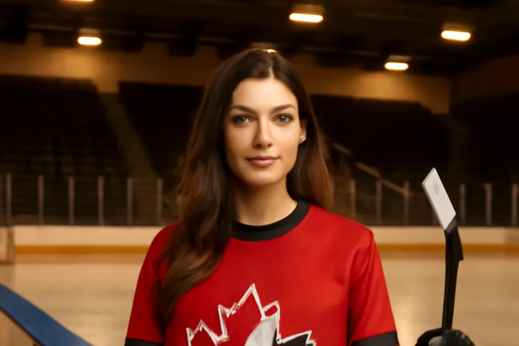Ukrainian-Canadian woman in a hockey jersey holding a stick rinkside