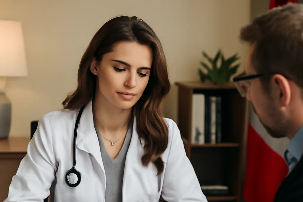 Ukrainian-Canadian physician reviewing medical licensing documents with a regulatory advisor
