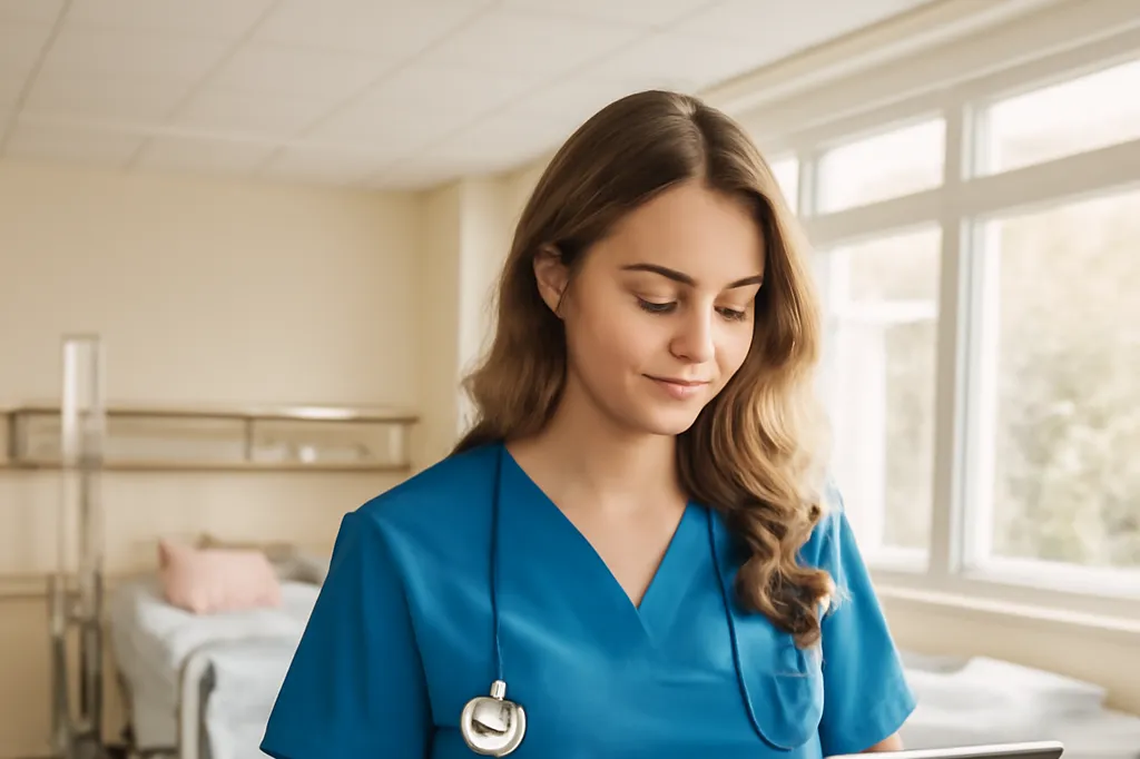Ukrainian-Canadian nurse reviewing a patient chart during a hospital shift