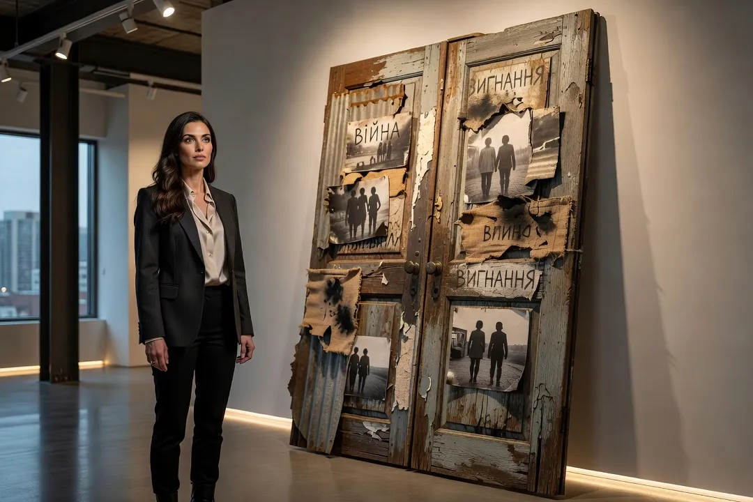 Contemporary Ukrainian-Canadian artist creating war-themed installation art in a Toronto gallery