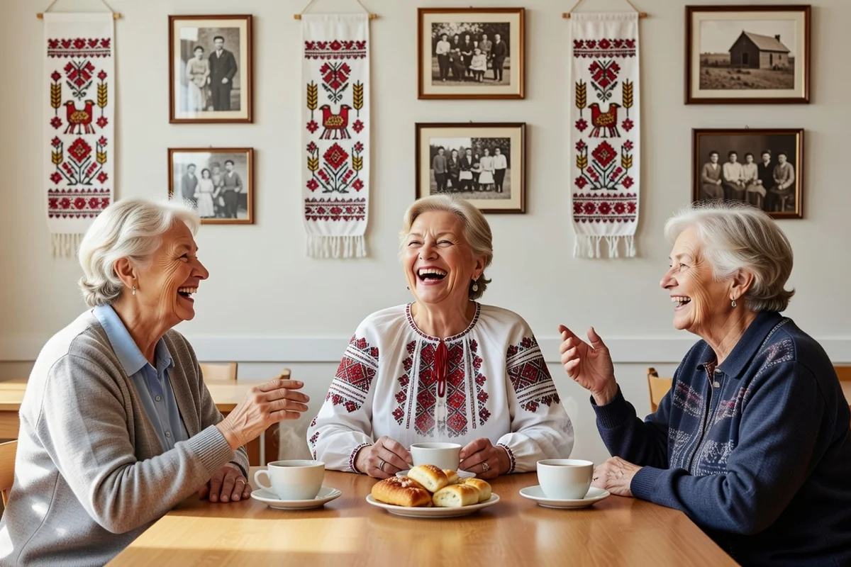 Senior Ukrainian-Canadian woman in a embroidered blouse laughing with friends at a community centre gathering.