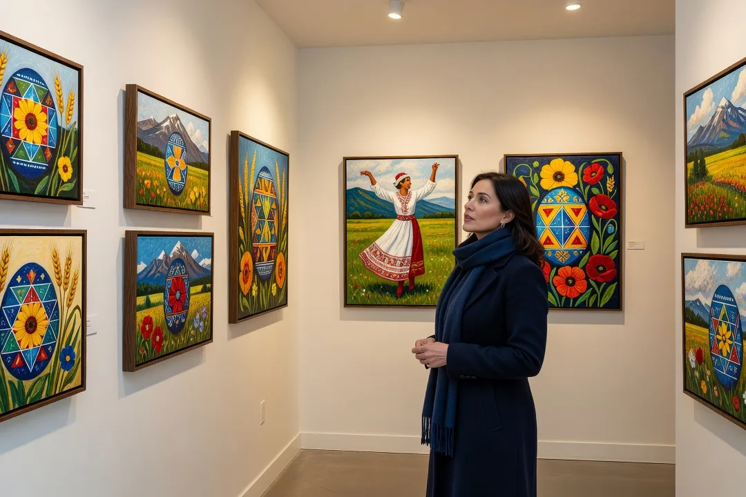 Vintage-style Ukrainian-Canadian art exhibition with paintings on gallery walls in Toronto