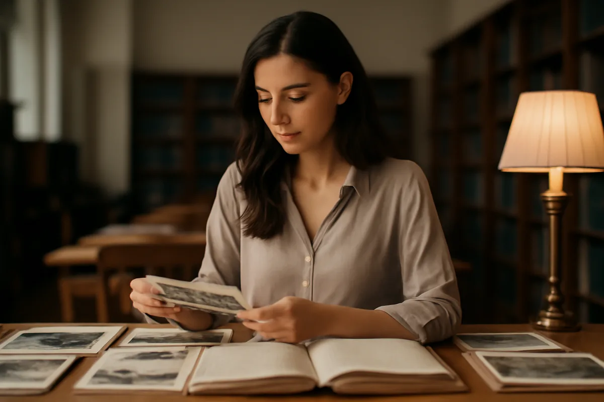 Researcher examining archival photographs and bound ledgers in a heritage archive reading room.