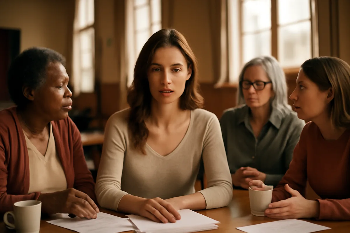 Four women of different ages seated around a table in a community hall in active discussion.