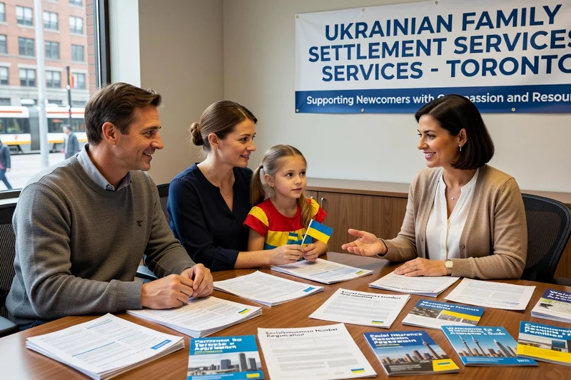 Ukrainian family in Toronto receiving support from a settlement worker