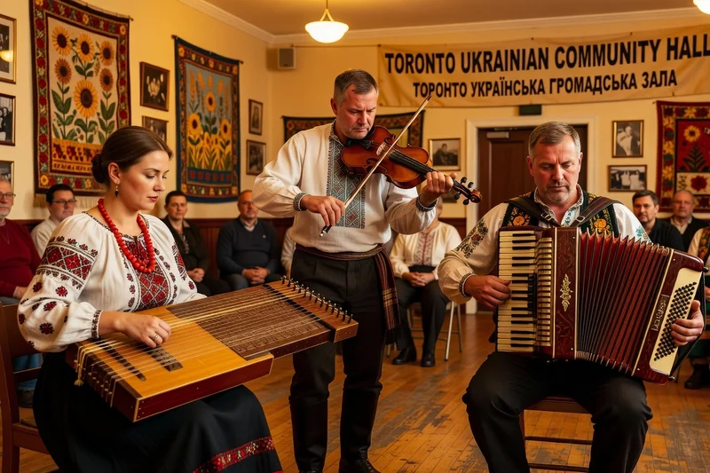 Ukrainian folk band performing with bandura, violin and accordion in Toronto