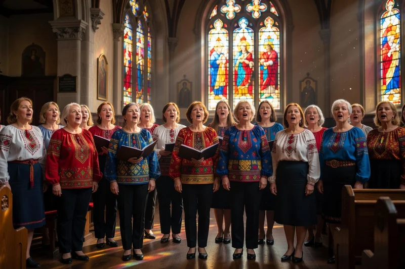 Ukrainian women singing in a choir inside a Toronto church