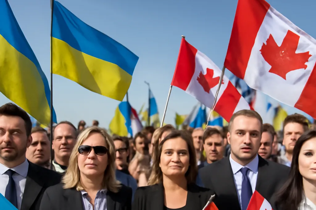 Ukrainian-Canadian community members at a civic advocacy rally holding Ukrainian and Canadian flags outside a government building in Ottawa.