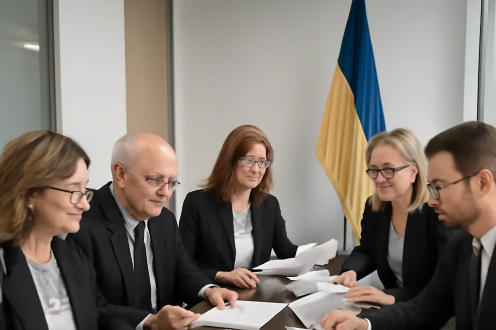 Ukrainian-Canadian community leaders around a conference table reviewing policy documents, with a Ukrainian flag visible in the background.