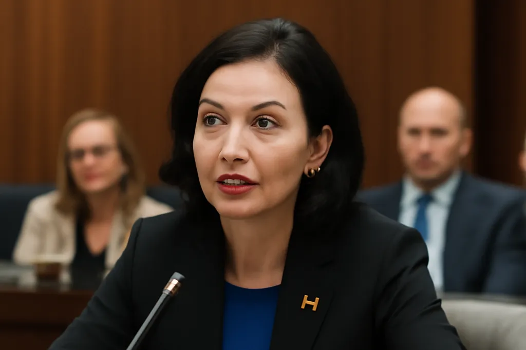 Ukrainian-Canadian woman speaking at a formal parliamentary committee session in a wood-panelled Ottawa hearing room.