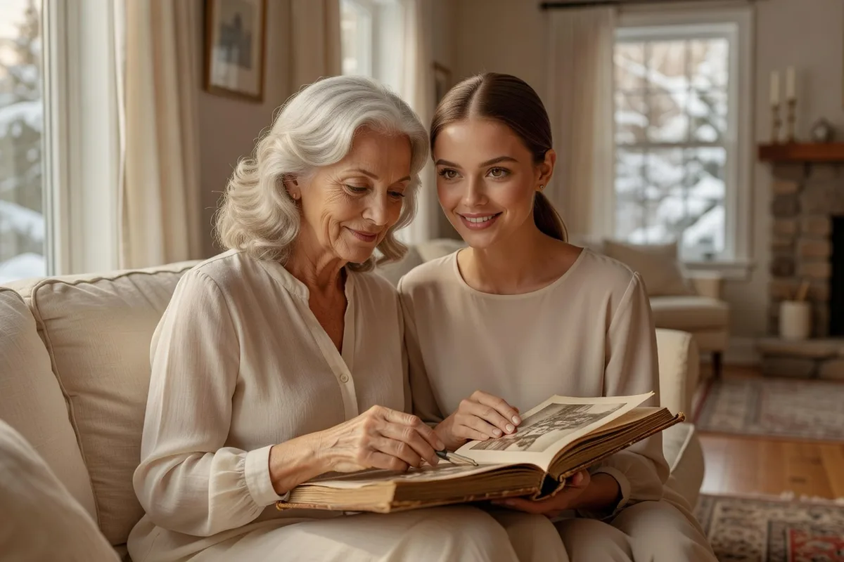 Grandmother and adult granddaughter looking through an old family photograph album together on a sofa.