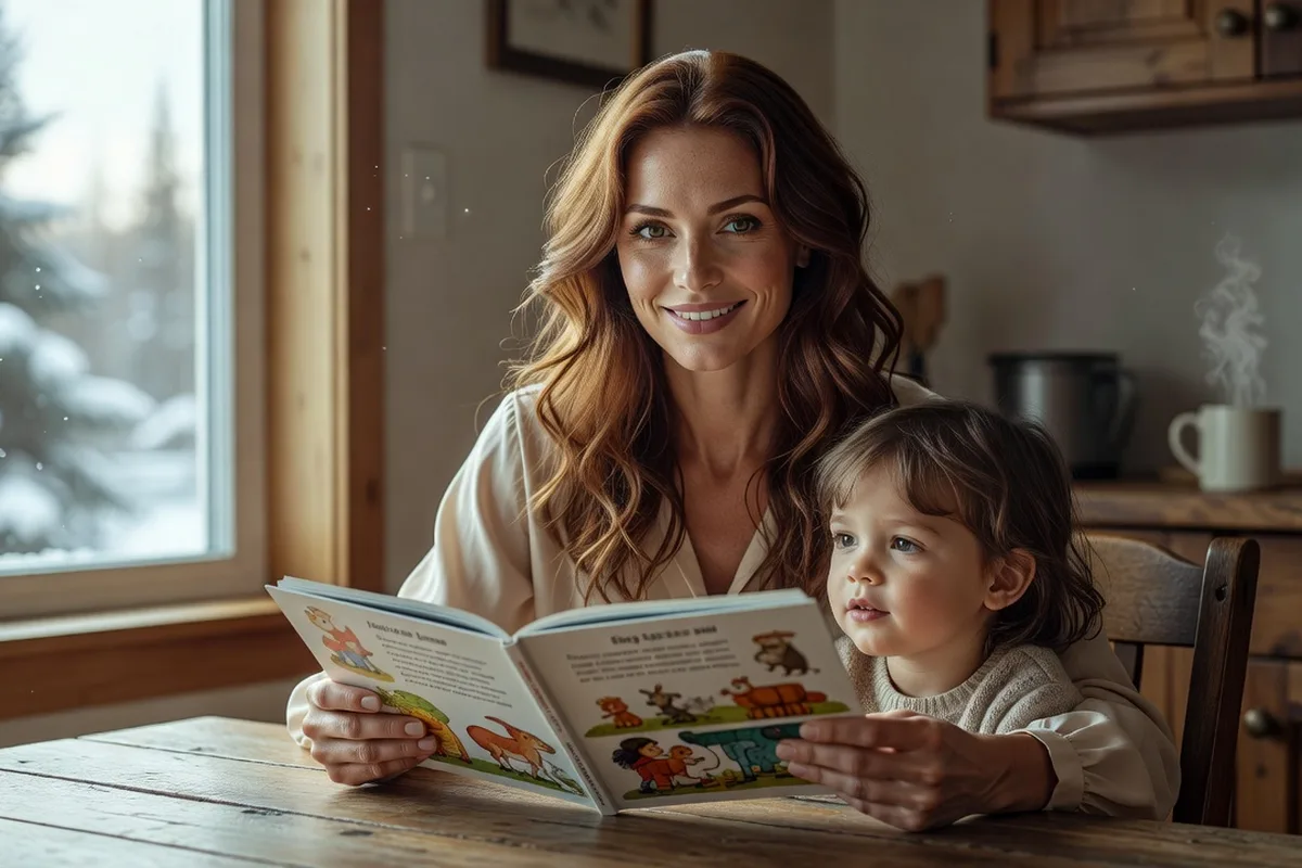 Ukrainian-Canadian mother reading a Ukrainian picture book aloud to her young child at a kitchen table.