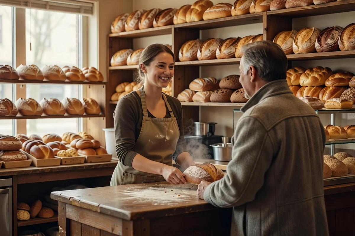 Young Ukrainian woman serving a customer behind the counter of a Toronto bakery, wearing a work apron.