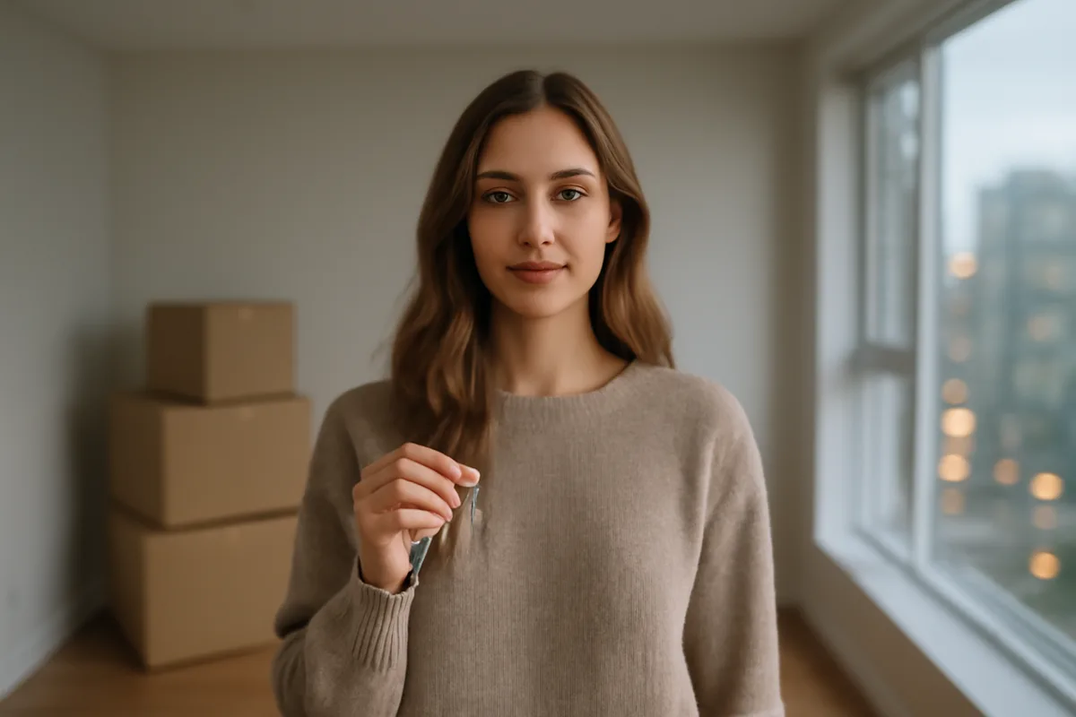 Ukrainian newcomer holding keys in the empty living room of a newly rented Canadian apartment.