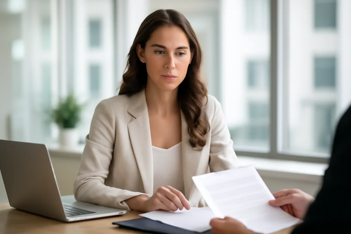 Newcomer reviewing a lease document with a settlement agency worker in a bright office.