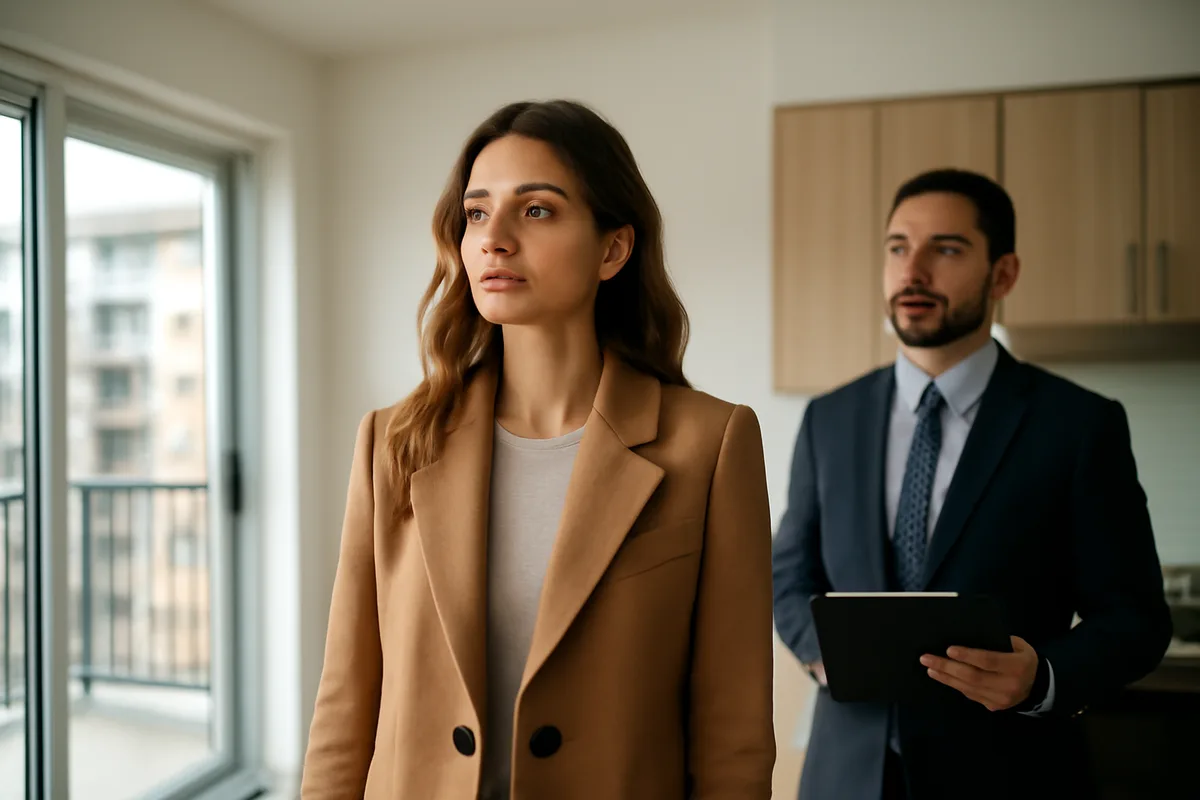 Prospective tenant viewing a Canadian apartment kitchen alongside a rental agent.