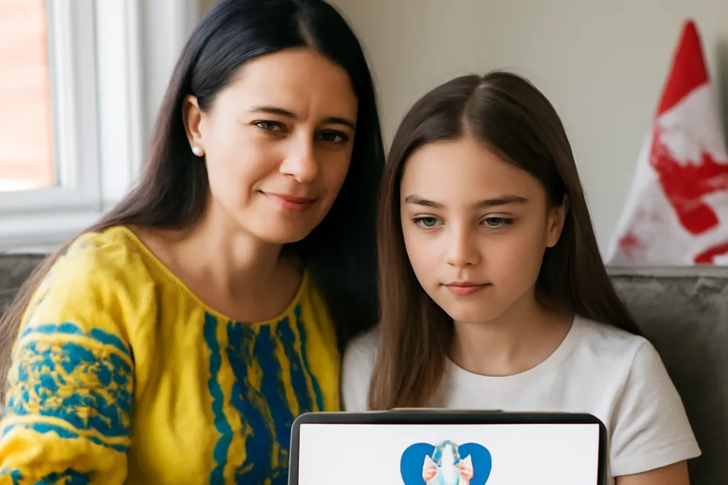 Ukrainian mother and daughter sitting together at home in Canada, looking at mental health resources on a laptop. Soft natural light.