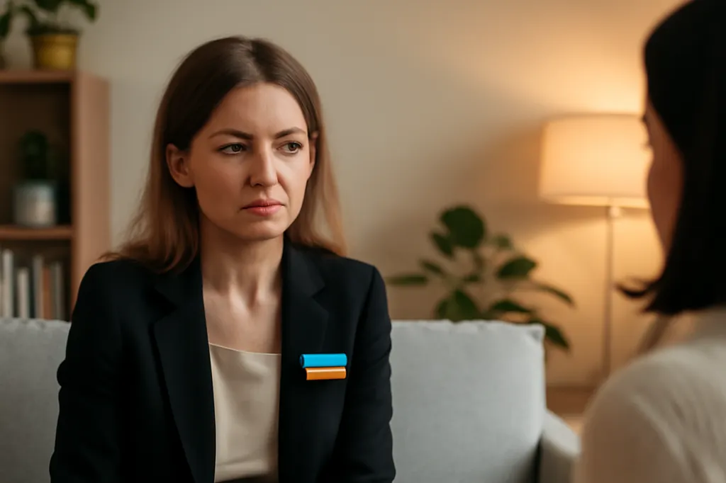 Ukrainian newcomer woman speaking with a mental health counsellor in a calm therapy office in Canada.
