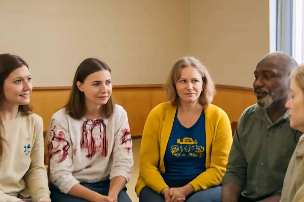 Ukrainian newcomers in a community support group session, seated in a circle in a brightly lit community hall.