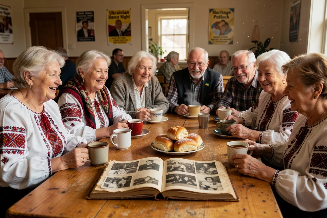 Group of Ukrainian-Canadian seniors at a cultural activity table in a bright long-term-care common room, working on embroidery.
