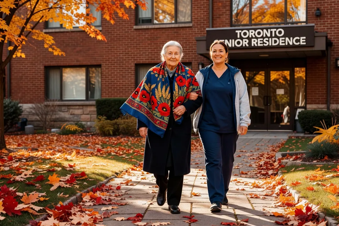 Ukrainian-Canadian elderly woman walking in a sunlit garden at a Toronto senior residence accompanied by a caregiver, surrounded by autumn leaves.