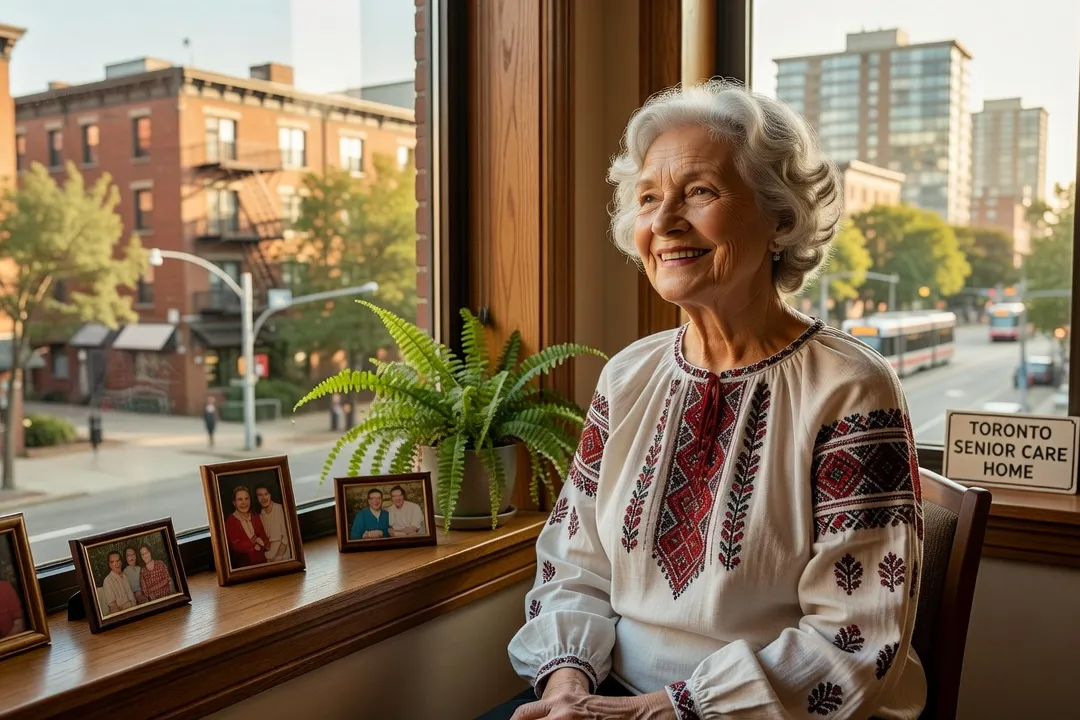 Ukrainian-Canadian elderly woman speaking warmly with a care worker in a sunlit common room.