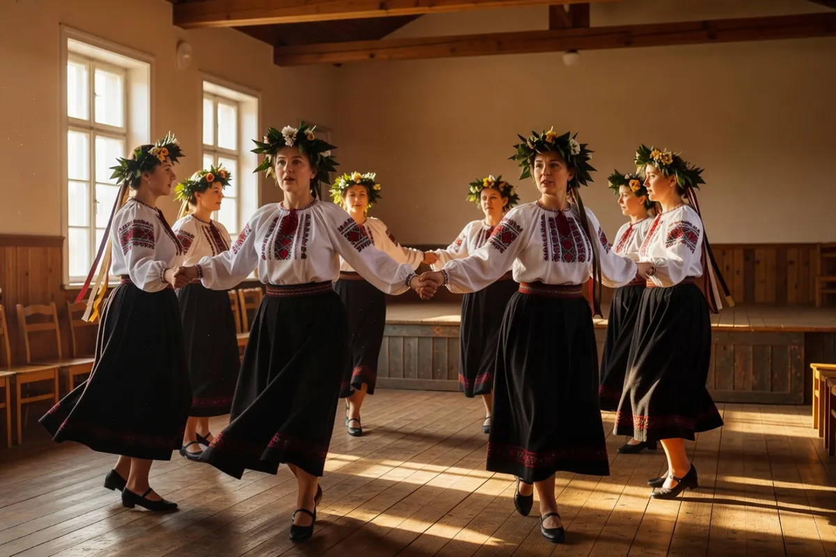 Women in embroidered blouses and flower wreaths dancing in a circle in a wooden community hall.
