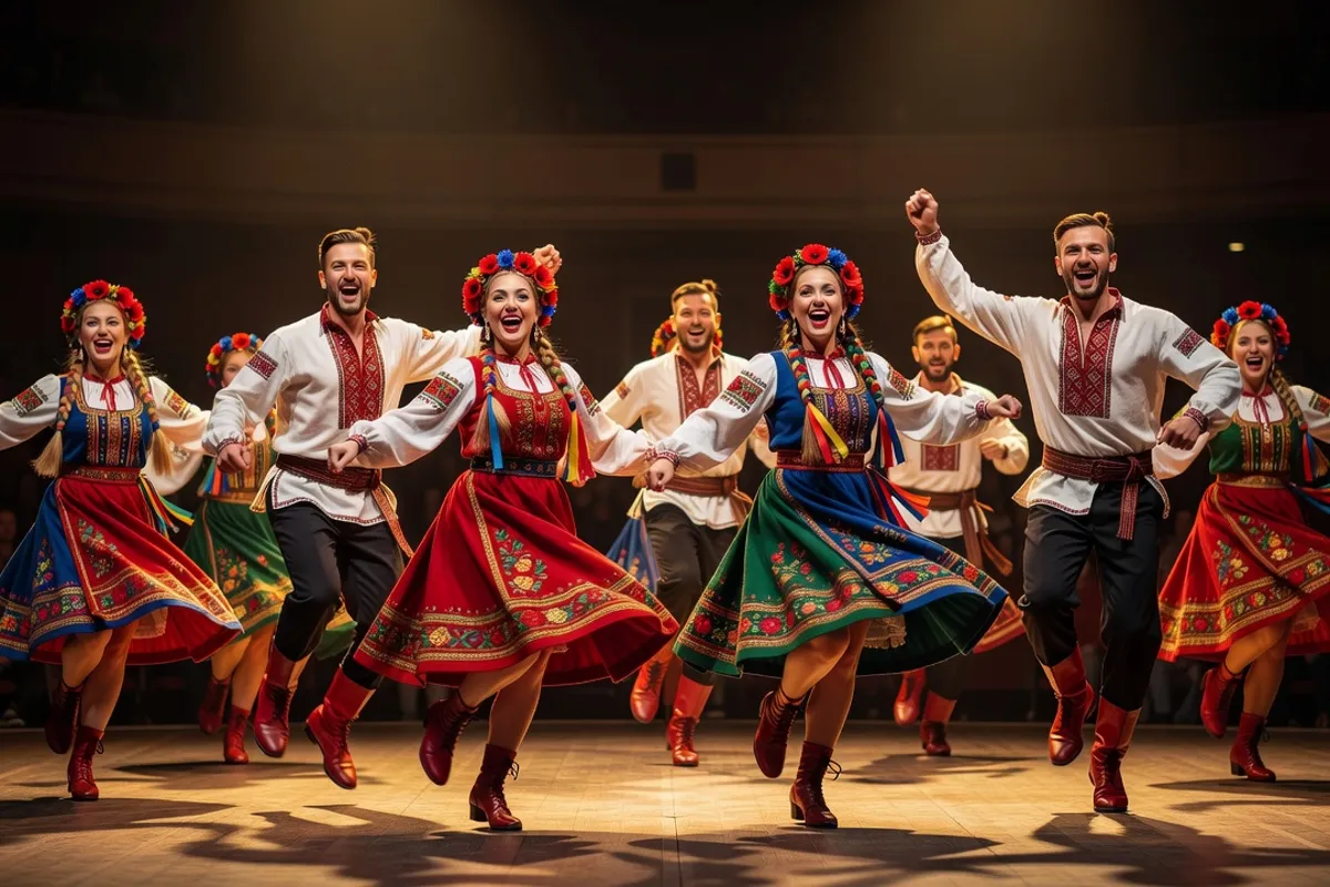 Dancers in Ukrainian embroidered costumes and red boots performing a lively folk dance on a theatre stage.
