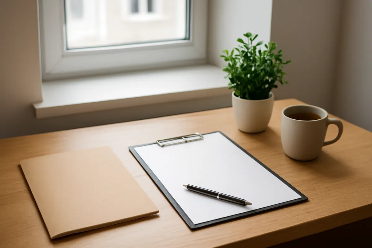 A desk with a blank folder, a clipboard with a blank form, a pen, a plant and a mug by a window.