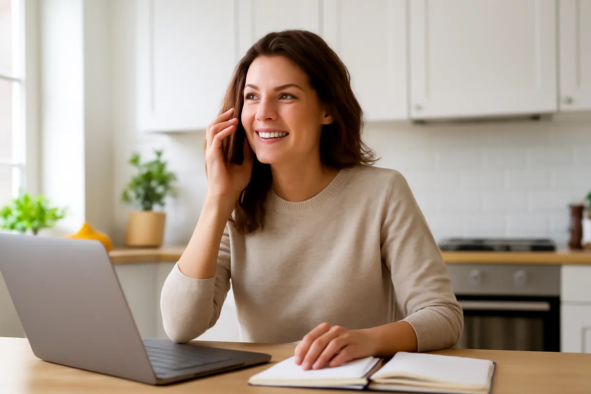 A woman speaking on a mobile phone at a kitchen table with a laptop and a notebook.