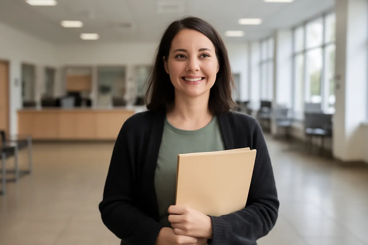 A smiling woman holding a folder of documents in the lobby of a public service office.