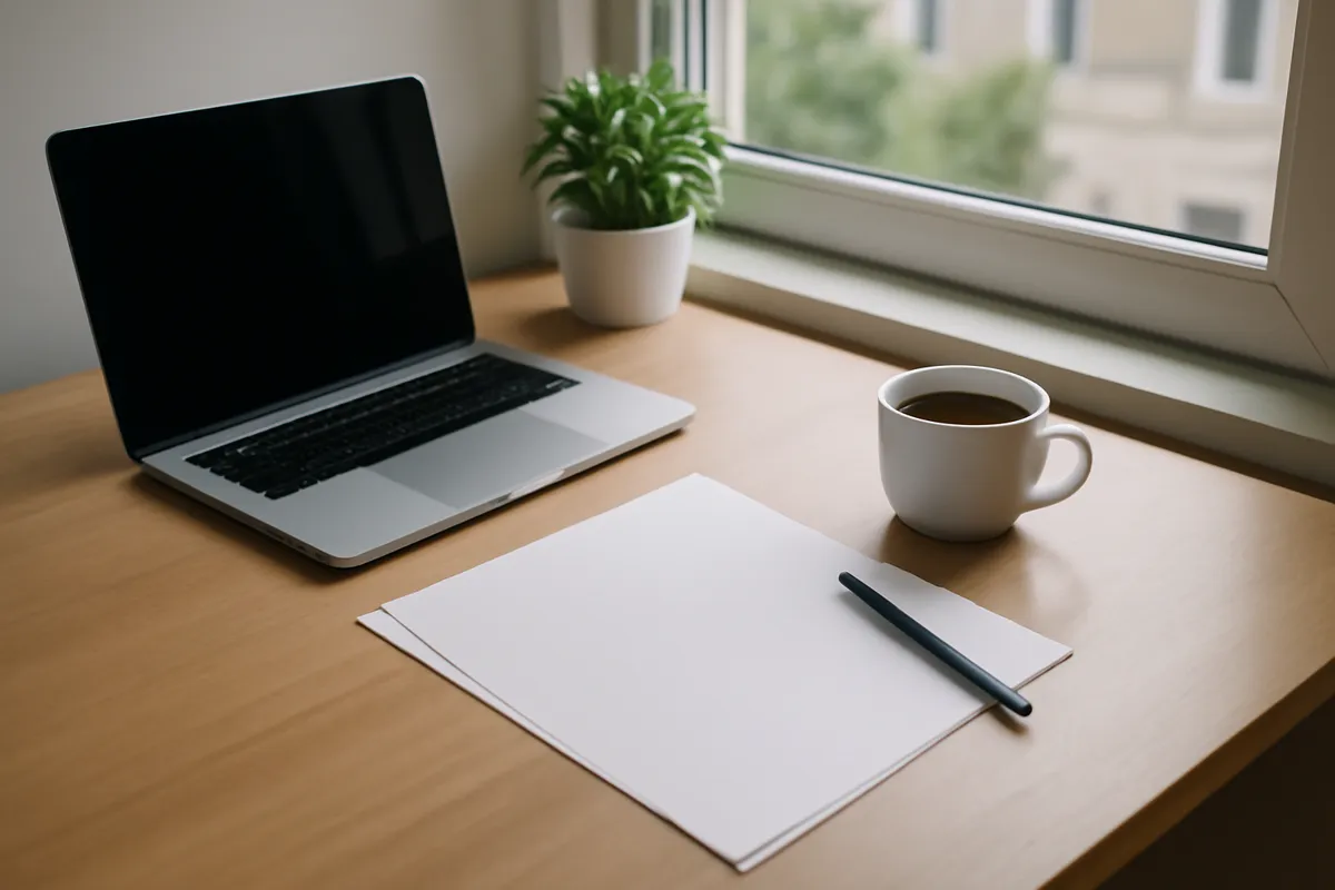 A desk with a laptop, blank sheets of paper, a pen, a cup of coffee and a small plant by a window.