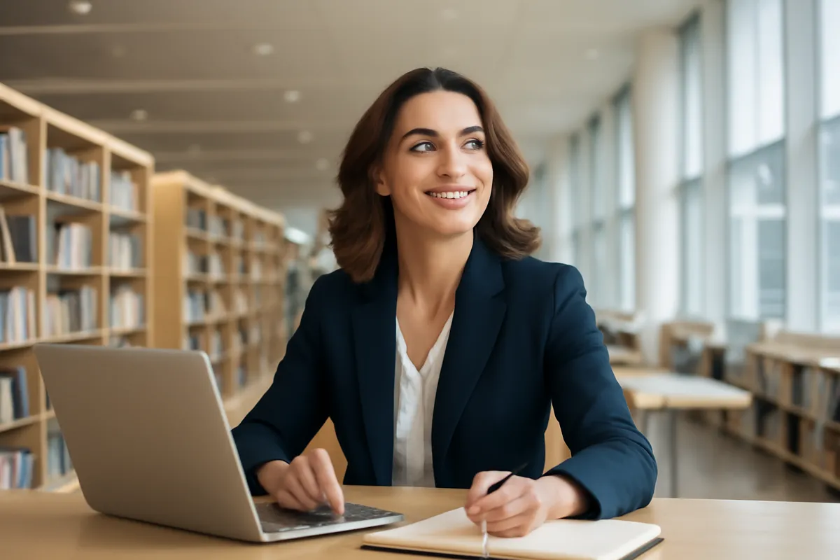 A confident woman in a navy blazer working on a laptop at a library table.