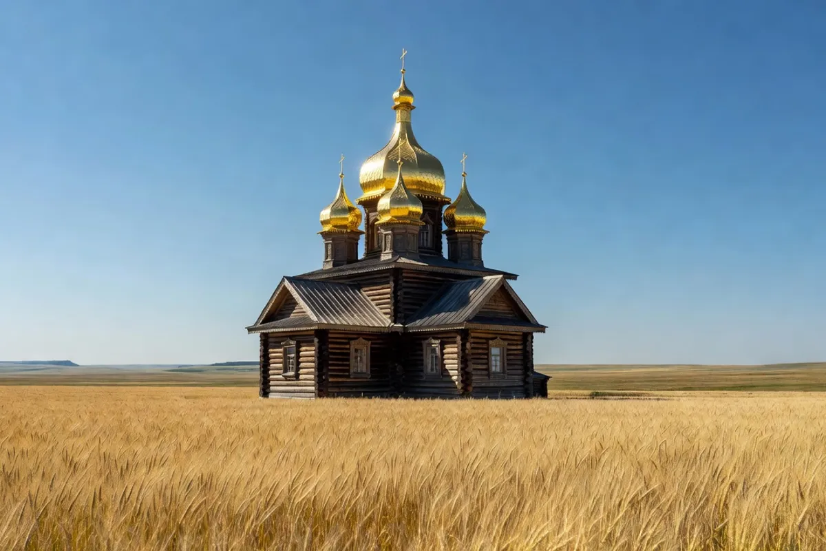 A wooden church with golden domes standing in a wheat field on the Canadian prairie.