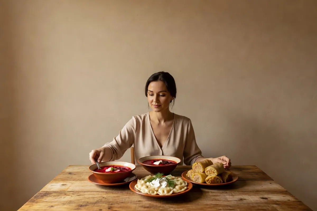 A woman at a wooden table laid with borscht, varenyky and stuffed cabbage rolls.