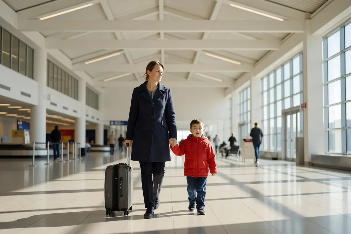 A woman with a suitcase holding the hand of a small child in a bright airport arrivals hall.