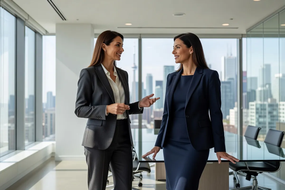 Two Ukrainian-Canadian women professionals talking in a Toronto office with the city skyline behind them.
