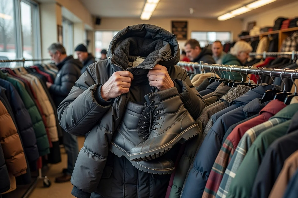 Shopper holding a winter parka and an insulated waterproof boot between clothing racks at a thrift store.