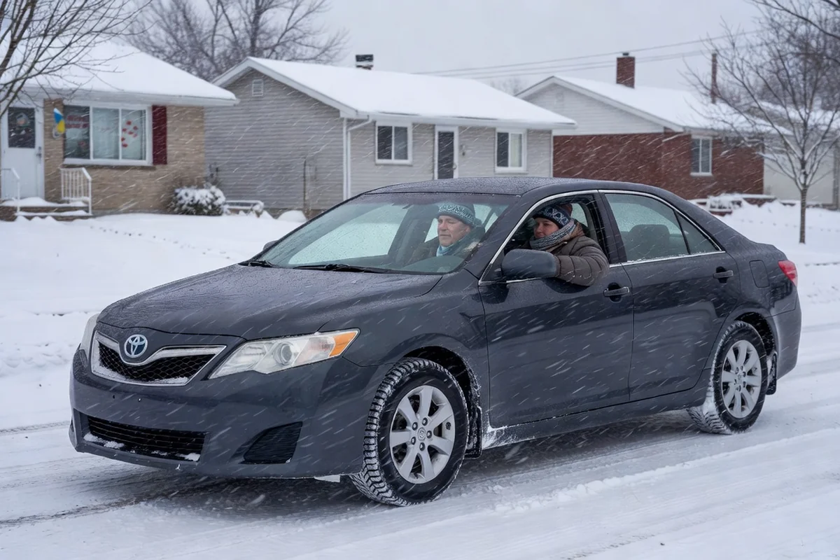 Family sedan with winter tires driving slowly on a snow-covered Canadian suburban road during falling snow.